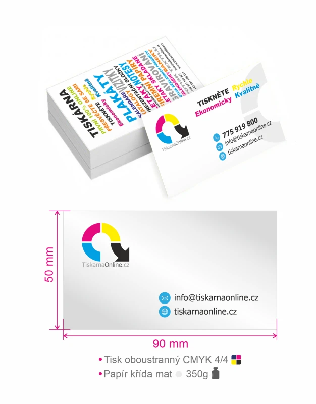 Vizitka 90x50mm, ostré rohy, křída mat 350g, oboustranně plnobarvená